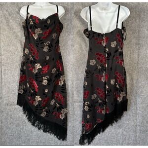 Y2K Velvet Burnout Dress Medium Babydoll Floral Fairygrunge Dark Romantic Fringe